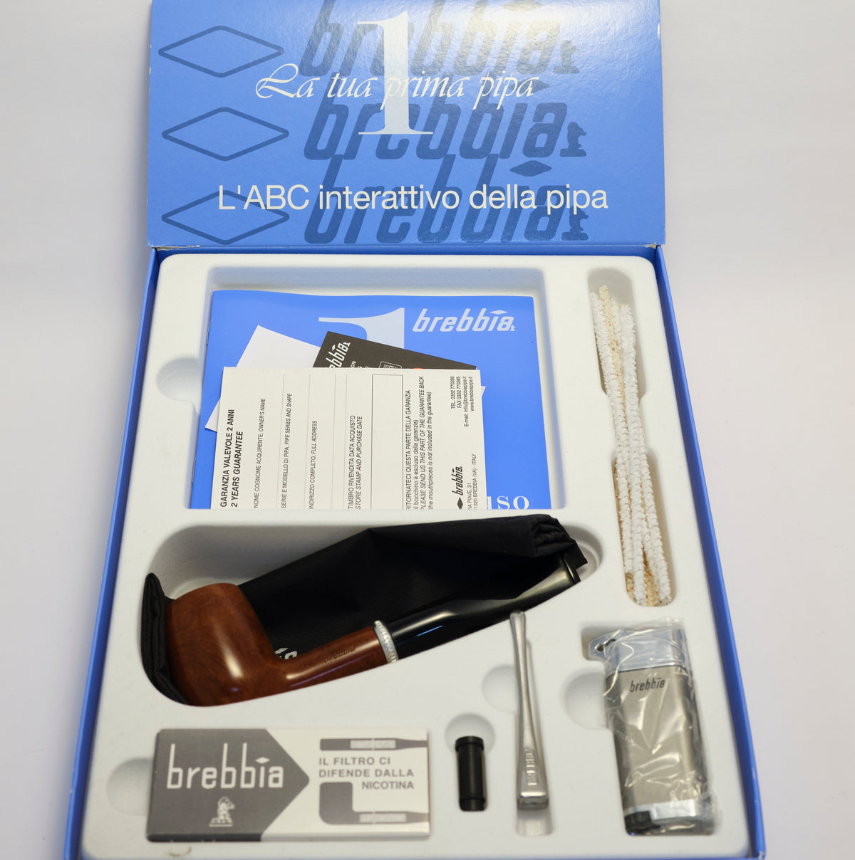 LA TUA PRIMA PIPA, KIT PIPA BREBBIA CONTENENTE PIPA, SCOVOLINI, ACCENDINO, FILTRI, PIGINO.